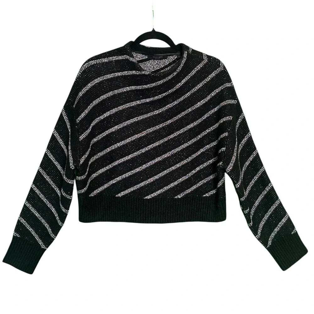 AllSaints Womens Vega Sweater Jumper M Black Alpaca Wool Striped Cropped‎ $248